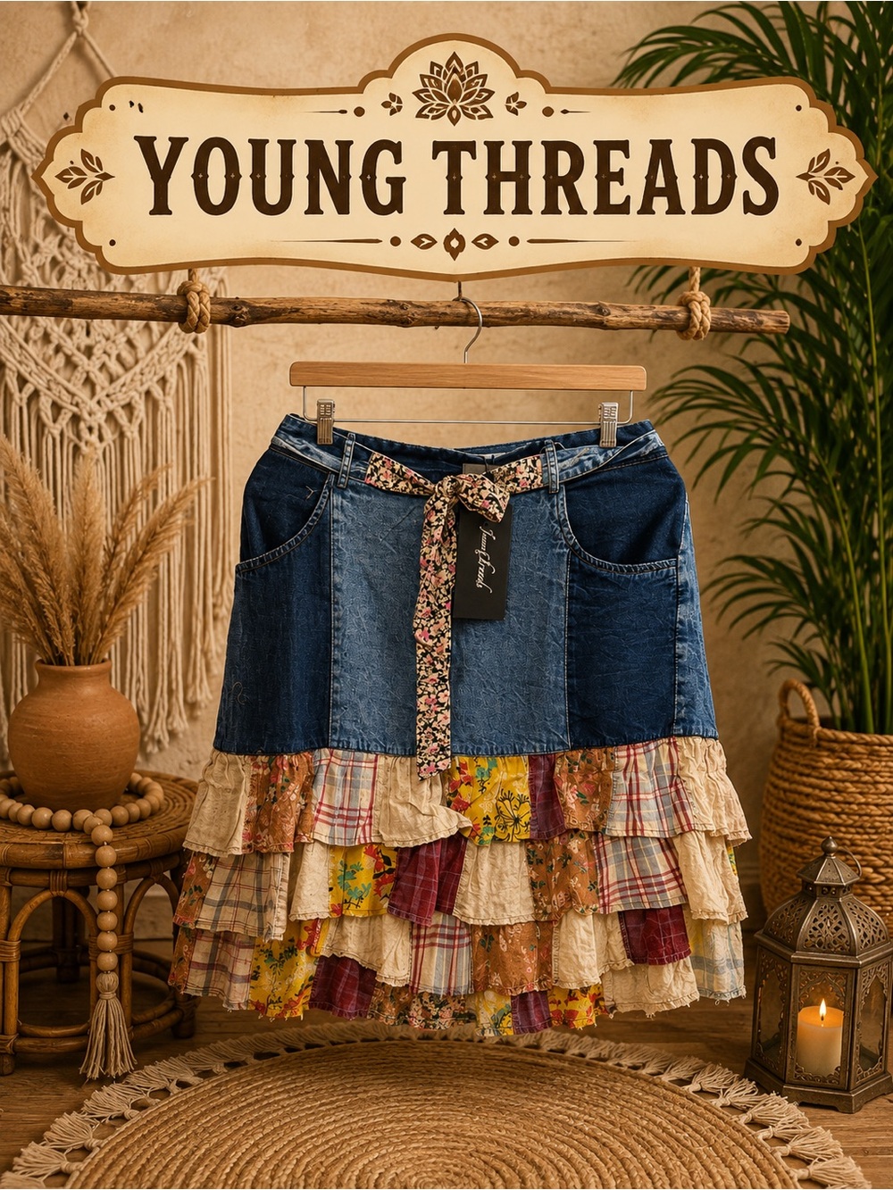 219 Young Threads Blue Patchwork Denim Tiered Ruffle Skirt